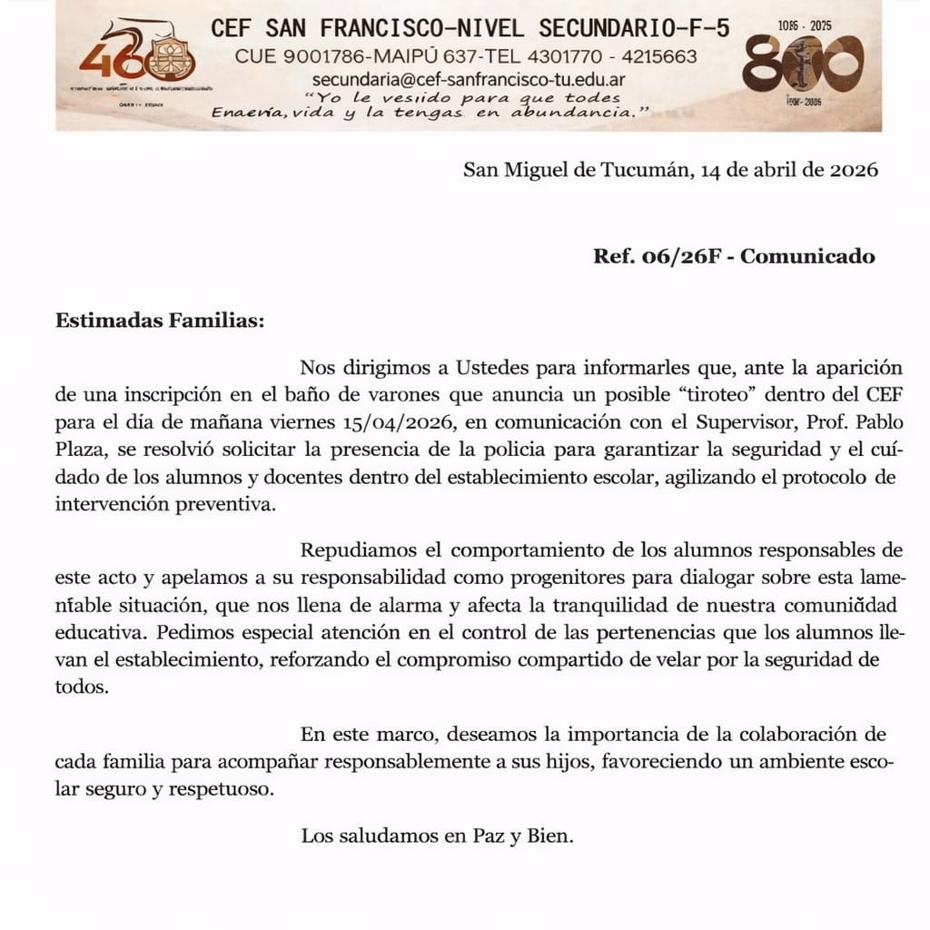 "MA&Ntilde;ANA 15/4,TIROTEO 15/4, NO VENGAN": las pintadas que aparecieron en colegios de la capital