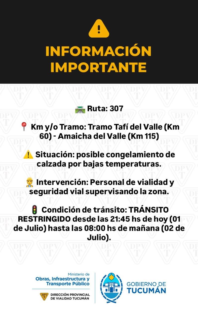 La Ruta 307 con corte total por el congelamiento de la calzada por bajas temperaturas