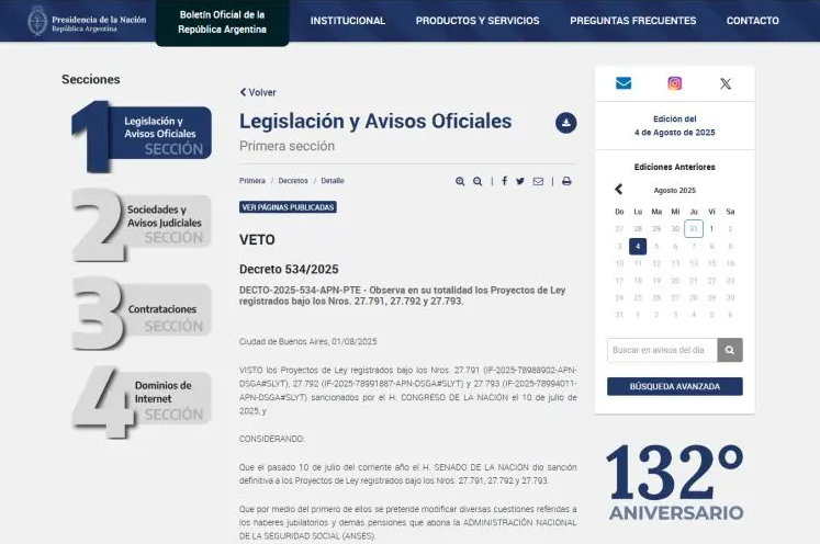 Oficializaron el veto en bloque de las tres leyes sociales aprobadas por el Congreso